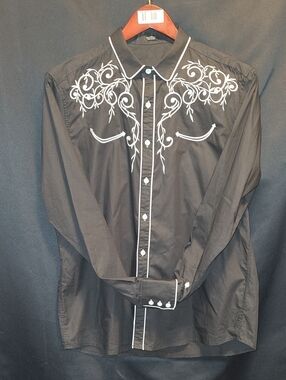 Coofandy Black Western-Style Embroidered Long-Sleeve Shirt SZ LG